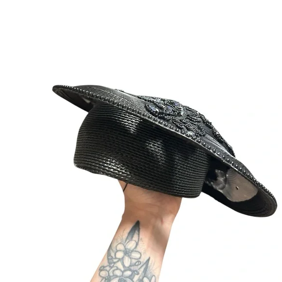 Vintage Beaded Sequin Derby Hat Black Statement Formal Cocktail Church Tassel - Picture 2 of 5